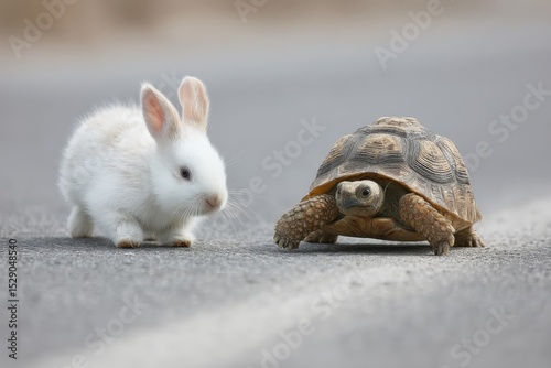 Wallpaper Mural White Rabbit and Tortoise Face Off on Asphalt, Symbolizing Competition and Perseverance in Business Strategy and Personal Growth : Generative AI Torontodigital.ca