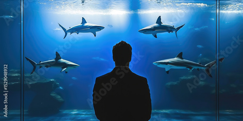 Man suit stands before large aquarium glass, observing four sharks swimming deep blue water, evoking awe and contemplation
