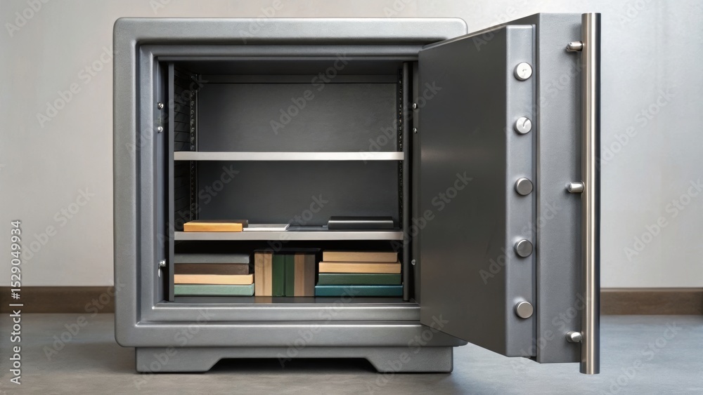 Fototapeta premium A secure, open safe displaying shelves with stacked items, emphasizing safety and storage solutions.