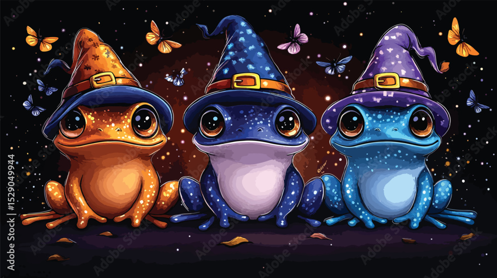 Fototapeta premium Cartoon Frogs Dressed as Wizards for Halloween.