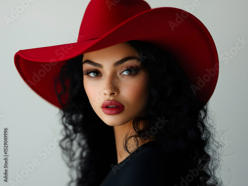 Elegant Woman in Red Hat with Wavy Hair and Soft Makeup - Fashion Portrait
