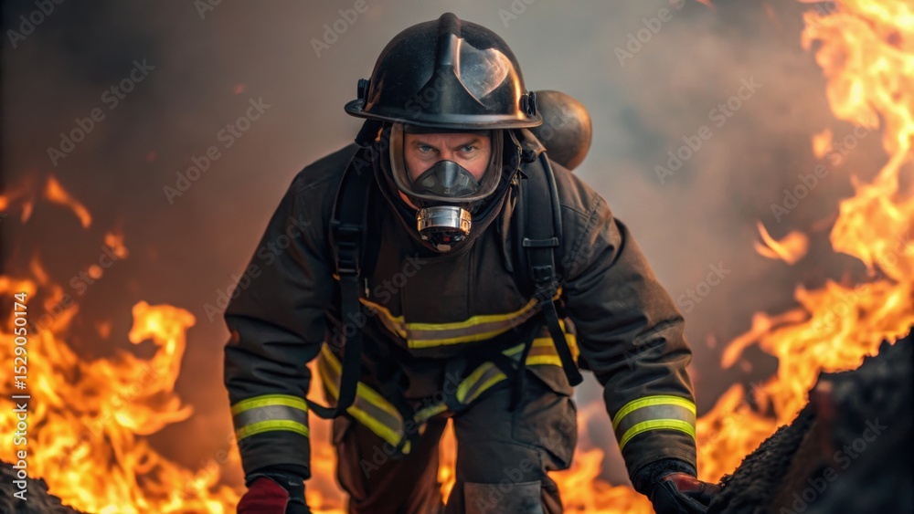 Fototapeta premium Firefighter battling flames, showcasing bravery and resilience in a hazardous environment.