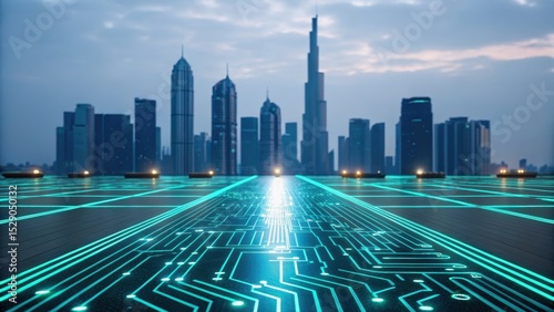 Futuristic skyline with illuminated circuit patterns, blending technology and architecture against a twilight backdrop.