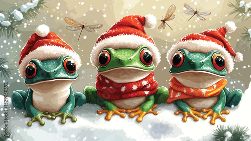 Frogs Wearing Christmas Hats and Scarves.