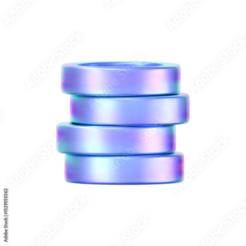3D holographic coin stack with purple neon effect, isolated on a white background. Render of iridescent chrome coin pile, game token, casino chip, digital currency, or treasure. 3D vector illustration