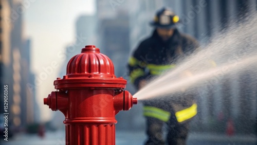 A firefighter operates a red fire hydrant, releasing water in an urban environment, showcasing emergency response and public safety.