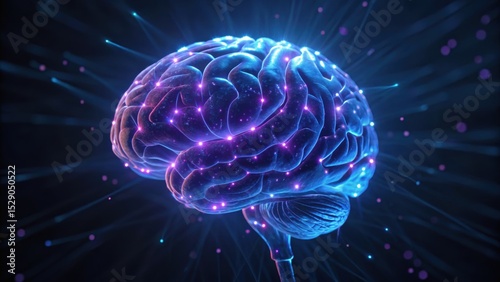 A glowing, cosmic brain with vibrant colors and light rays emanating from it, representing knowledge and creativity.