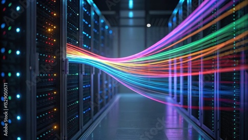 A vibrant data center showcasing illuminated server racks with colorful data flows representing connectivity and technology.
