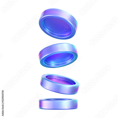 3D holographic coin stack with purple neon effect, isolated on a white background. Render of iridescent chrome coin pile, game token, casino chip, digital currency, or treasure. 3D vector illustration