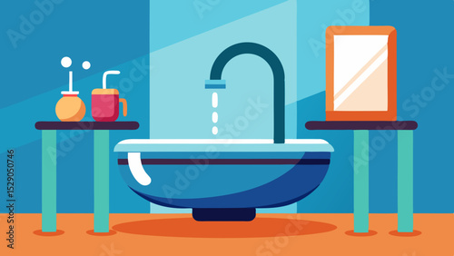 Modern Bathroom Sink Interior with Plants and Mirror – Vector Illustration