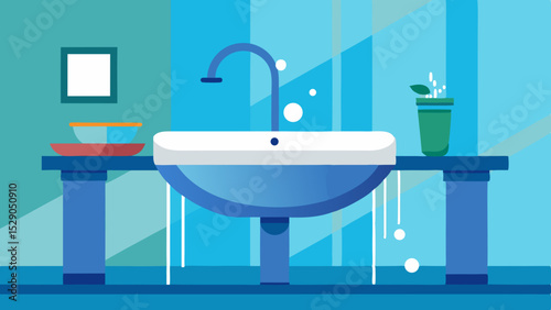 Modern Bathroom Sink Interior with Plants and Mirror – Vector Illustration