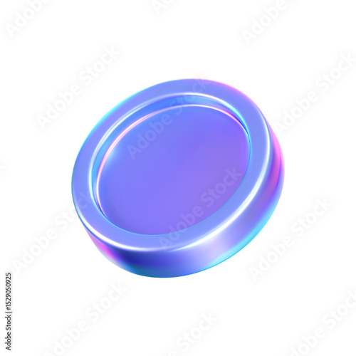 3D holographic coin icon with purple neon effect, isolated on white background. Iridescent chrome coin render, game token, casino chip, digital currency or holo reward medal. 3D vector illustration