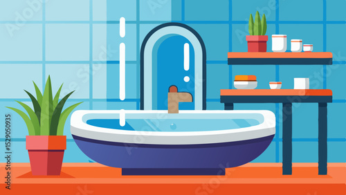 Modern Bathroom Sink Interior with Plants and Mirror – Vector Illustration