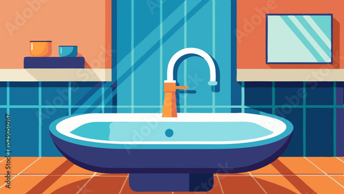 Modern Bathroom Sink Interior with Plants and Mirror – Vector Illustration