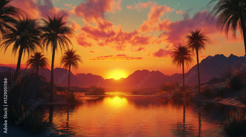 A golden sun dips behind palm trees, casting warm hues over shimmering water in a tranquil desert oasis.
A golden sun dips behind palm trees, casting warm hues over shimmering water in a tranquil desert oasis.