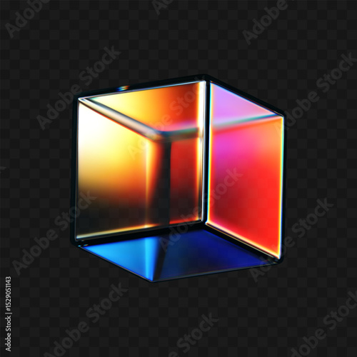 3D crystal glass cube with refraction and iridescent effects isolated on dark background. Render transparent rotating glass box with neon dispersion light and rainbow gradient. 3d vector figure
