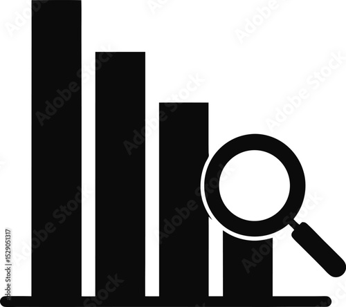 black silhouette of a bar chart with magnifier icon