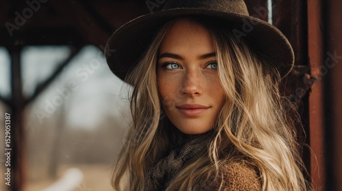 Stunning portrait of a young woman with blonde hair and blue eyes, wearing a hat and sweater. Perfect for fashion, beauty, and lifestyle projects. Ideal for websites, magazines, and social media.