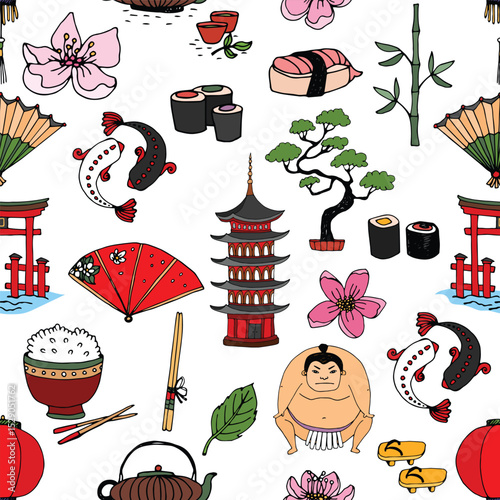 Seamless vector pattern featuring Japan’s landmarks, icons, and cultural symbols. Creative and versatile design perfect for backgrounds, textiles, and branding.