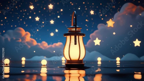 A warm glowing lantern sits amid floating stars and clouds reflected on a smooth liquid surface in an animated dreamy scene.