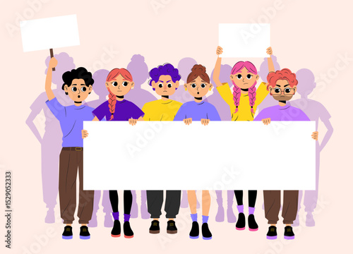 A group of people, boys and girls, holding a large blank banner with a protest announcement