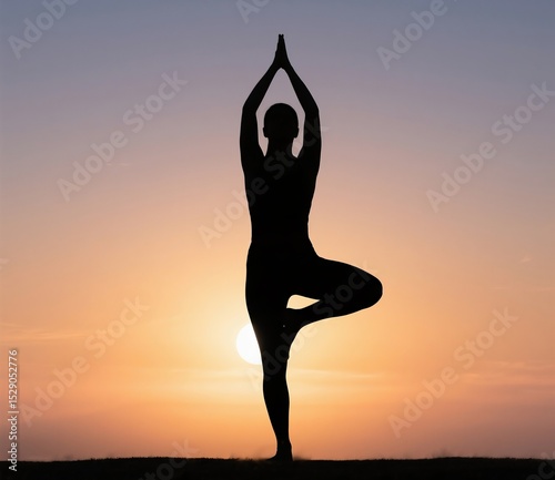Generative ai image of yoga pose silhouette over morning sunlight gradient