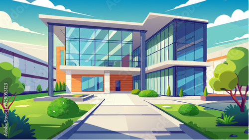 Modern Glass Office Building with Landscape – Stock Illustration