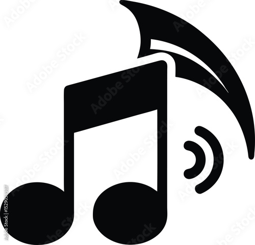 black silhouette of a music note with speaker icon