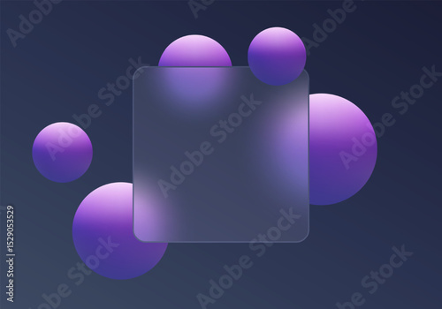 Abstract glassmorphism background with glowing purple spheres and square glass banner on dark blue background, minimalistic user interface design concept.