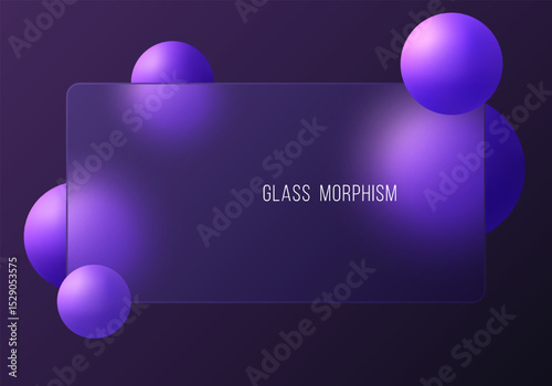 Dark glassmorphism banner with glowing purple spheres on a deep gradient background