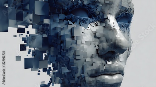 A face composed of fragmented, geometric shapes.