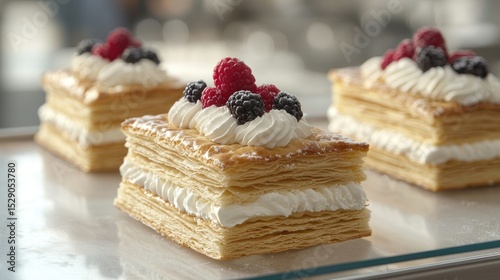 A hyper-realistic photo of rectangular mille-feuille pastries on display within a glass patisserie counter. They are in a neat and orderly row.