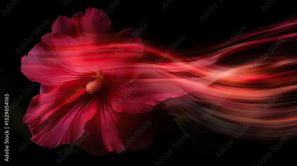 Fototapeta premium a long exposure photo capturing a single, exquisite velvet texture vibrant bright deep red hollyhock flowers, soft pedals edges. The petals bloom softly 