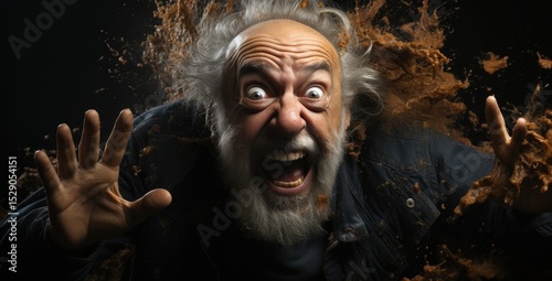 An intense man with wild hair and a fierce expression appears to erupt with emotion, capturing the raw energy of surprise and unconscious rage in a striking portrait.