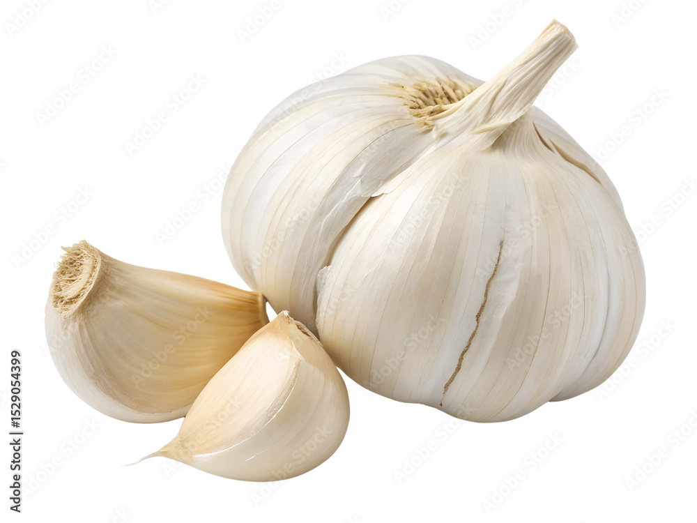 Obraz premium Fresh Garlic Bulb and Cloves Close-up Isolated on transparent background, Isolated Png, Isolated on transparent background, Isolated Png file, Cut-out, No Background, Isolated object