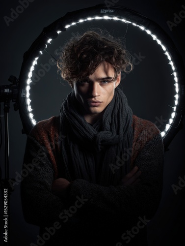 Stylish young man portrait. Dark background, cool lighting, and serious expression. Perfect for fashion, advertising, and editorial use. photo