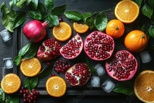 Elegant Fruit Composition with Ice Cubes and Natural Lighting on Wood