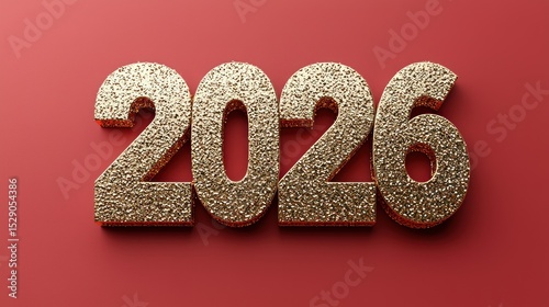 Golden glittery 2026 number on red background symbolizing New Year celebration and festive holiday design Generative AI
