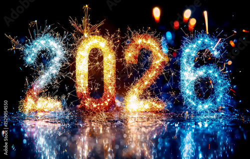 Glowing 2026 numbers made of sparklers with vibrant firework light effects on dark background representing New Year celebration Generative AI