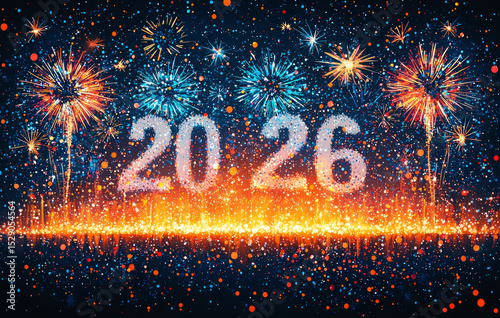 Colorful 2026 numbers with fireworks and confetti on dark background symbolizing festive New Year celebration and party atmosphere Generative AI
