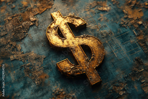 A Cracked Golden Dollar Sign in the Air Over a Faded Map