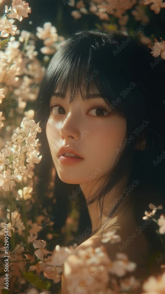 Young Woman with Dark Hair Surrounded by Blooming Flowers in Soft Light, Conveying Beauty and Serenity Young Woman with Dark Hair Surrounded by Blooming Flowers in Soft Light, Conveying Beauty and Serenity