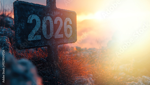 Weathered 2026 signpost on frosty ground at sunrise with glowing sunlight symbolizing new beginnings and the passage of time Generative AI