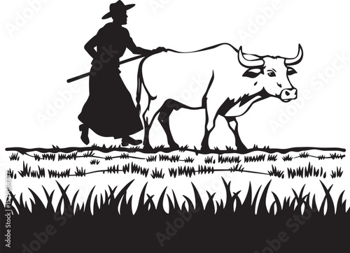 Farmer Plowing Field with Ox Silhouette Traditional Agriculture Vector Art Rural Scene Graphic from Bangladesh
