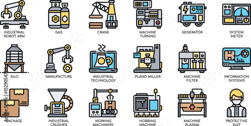 Industrial Manufacturing Technology Icons Machinery, Automation, and Processes