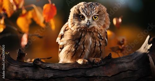 A close-up portrait of a regal owl perched gracefully on a branch, with vivid autumn leaves providing a stunning backdrop, showcasing its watchful gaze and natural elegance.