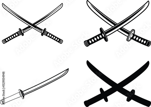Crossed Samurai Swords Icon, Traditional Katana Illustration.