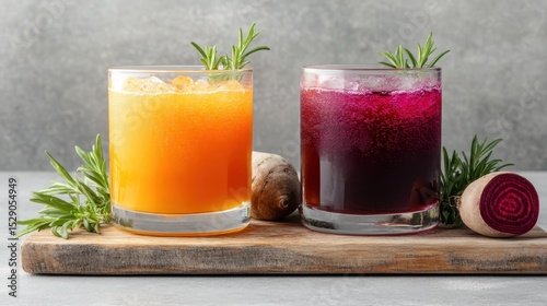 Wallpaper Mural This eye-catching image features two colorful drinks, one orange and one purple, garnished with fresh herbs, highlighting a refreshing and healthy beverage choice. Torontodigital.ca