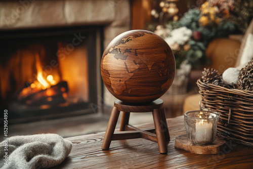 Realistic Wooden Sphere Displayed on a Tripod Stand in Front of Cozy Fireplace