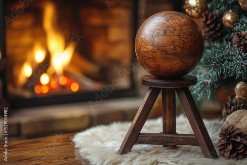 A Decorative Dark Oak Sphere on a Rustic Wooden Stand with Fireplace Ambiance